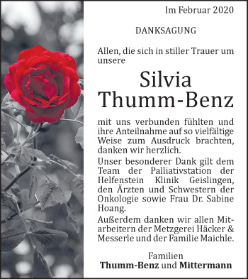 Traueranzeige von Silvia Thumm-Benz von Geislinger Zeitung