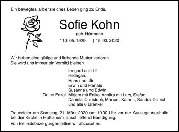 Traueranzeige von Sofie Kohn von SÜDWEST PRESSE Ausgabe Ulm/Neu-Ulm