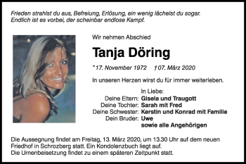 Traueranzeige von Tanja Döring von Hohenloher Tagblatt