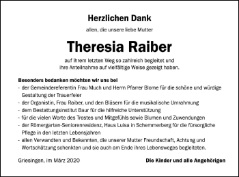 Traueranzeige von Theresa Raiber von Ehinger Tagblatt