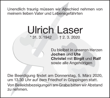 Traueranzeige von Ulrich Laser von NWZ Neue Württembergische Zeitung