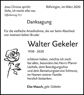 Traueranzeige von Walter Gekeler von Alb-Bote/Metzinger-Uracher Volksblatt