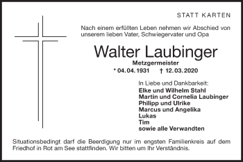 Traueranzeige von Walter Laubinger von Hohenloher Tagblatt
