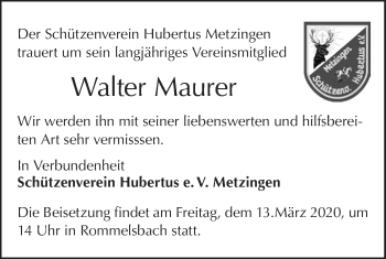 Traueranzeige von Walter Maurer von Metzinger-Uracher Volksblatt