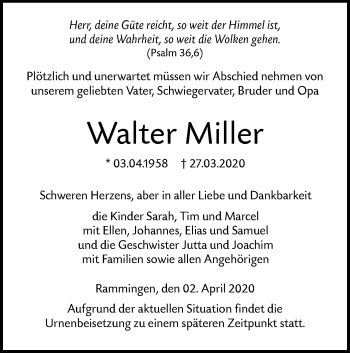 Traueranzeige von Walter Miller von SÜDWEST PRESSE