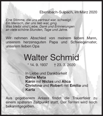 Traueranzeige von Walter Schmid von NWZ Neue Württembergische Zeitung/Geislinger Zeitung