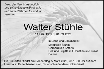 Traueranzeige von Walter Stühle von Alb-Bote/Metzinger-Uracher Volksblatt