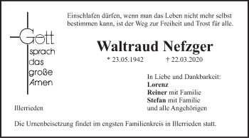 Traueranzeige von Waltraud Nefzger von SÜDWEST PRESSE Ausgabe Ulm/Neu-Ulm