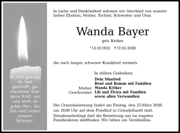 Traueranzeige von Wanda Bayer von Haller Tagblatt