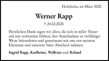 Traueranzeige von Werner Rapp von NWZ Neue Württembergische Zeitung