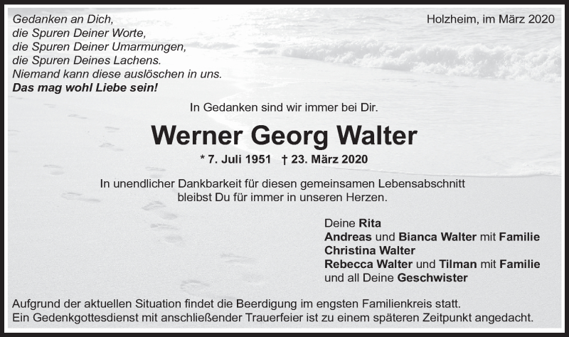  Traueranzeige für Werner Georg Walter vom 27.03.2020 aus NWZ Neue Württembergische Zeitung