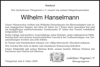 Traueranzeige von Wilhelm Hanselmann von Haller Tagblatt