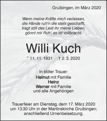 Traueranzeige von Willi Kuch von NWZ Neue Württembergische Zeitung/Geislinger Zeitung