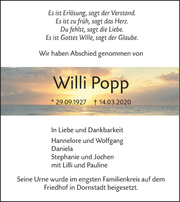 Traueranzeige von Willi Popp von SÜDWEST PRESSE Ausgabe Ulm/Neu-Ulm