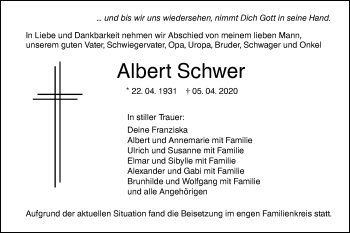 Traueranzeige von Albert Schwer von SÜDWEST PRESSE Ausgabe Ulm/Neu-Ulm