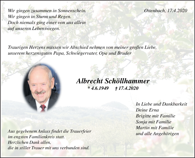  Traueranzeige für Albrecht Schöllhammer vom 22.04.2020 aus NWZ Neue Württembergische Zeitung