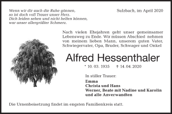 Traueranzeige von Alfred Hessenthaler von Rundschau Gaildorf