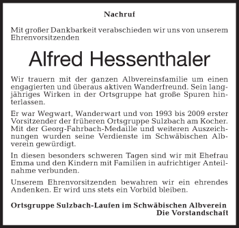 Traueranzeige von Alfred Hessenthaler von Rundschau Gaildorf