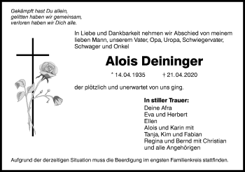 Traueranzeige von Alois Deininger von Haller Tagblatt