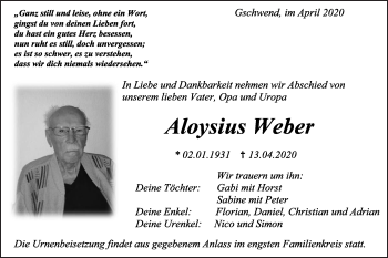 Traueranzeige von Aloysius Weber von Rundschau Gaildorf