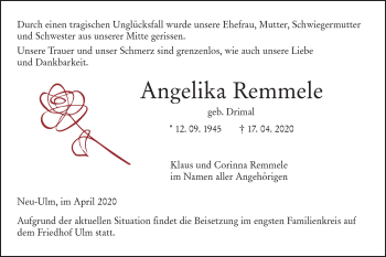 Traueranzeige von Angelika Remmele von SÜDWEST PRESSE Ausgabe Ulm/Neu-Ulm