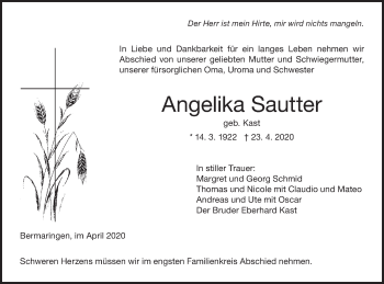 Traueranzeige von Angelika Sautter von SÜDWEST PRESSE Ausgabe Ulm/Neu-Ulm