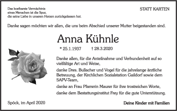 Traueranzeige von Anna Kühnle von Rundschau Gaildorf