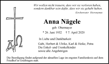 Traueranzeige von Anna Nägele von NWZ Neue Württembergische Zeitung/Geislinger Zeitung