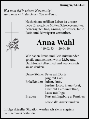 Traueranzeige von Anna Wahl von Hohenzollerische Zeitung