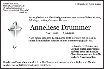 Traueranzeige von Anneliese Drummer von Rundschau Gaildorf