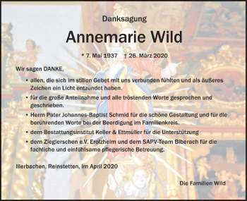 Traueranzeige von Annemarie Wild von SÜDWEST PRESSE Ausgabe Ulm/Neu-Ulm