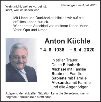 Traueranzeige von Anton Küchle von NWZ Neue Württembergische Zeitung