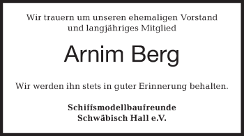 Traueranzeige von Arnim Berg von Haller Tagblatt