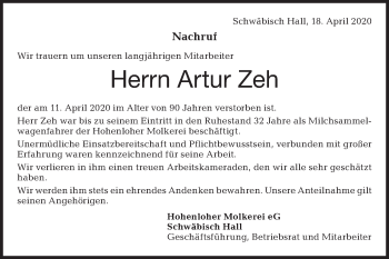 Traueranzeige von Artur Zeh von Haller Tagblatt