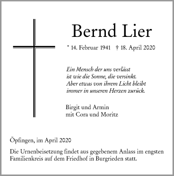 Traueranzeige von Bernd Lier von Ehinger Tagblatt