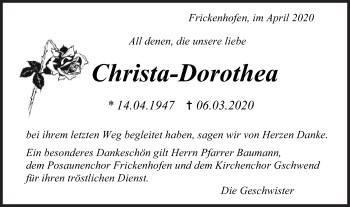 Traueranzeige von Christa Dorothea von Rundschau Gaildorf