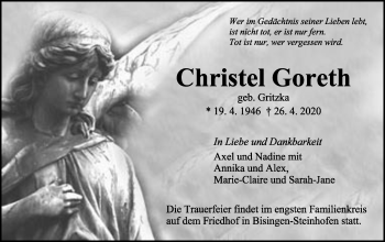 Traueranzeige von Christel Goreth von Hohenzollerische Zeitung