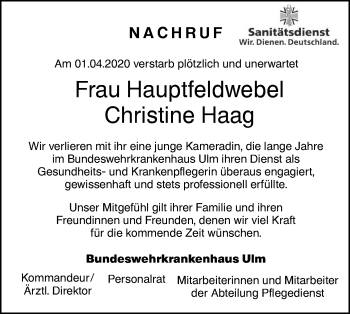 Traueranzeige von Christine Haag von SÜDWEST PRESSE Ausgabe Ulm/Neu-Ulm