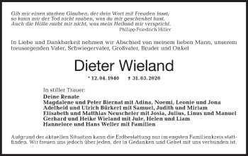 Traueranzeige von Dieter Wieland von Haller Tagblatt