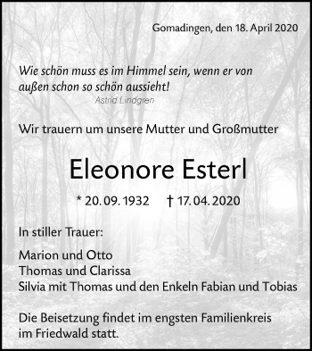 Traueranzeige von Eleonore Esterl von Alb-Bote/Metzinger-Uracher Volksblatt