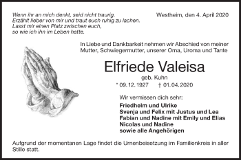 Traueranzeige von Elfriede Valeisa von Haller Tagblatt