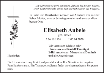 Traueranzeige von Elisabeth Aubele von SÜDWEST PRESSE Ausgabe Ulm/Neu-Ulm