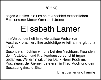 Traueranzeige von Elisabeth Lamer von Ehinger Tagblatt