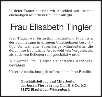 Traueranzeige von Elisabeth Tingler von Hohenloher Tagblatt