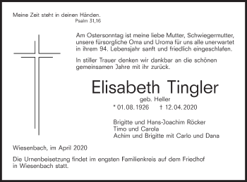 Traueranzeige von Elisabeth Tingler von Hohenloher Tagblatt