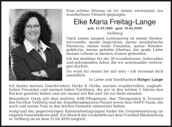 Traueranzeige von Elke Maria Freitag-Lange von Haller Tagblatt