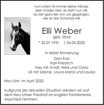 Traueranzeige von Elli Weber von SÜDWEST PRESSE Ausgabe Ulm/Neu-Ulm