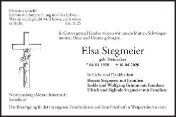 Traueranzeige von Elsa Stegmeier von Hohenloher Tagblatt