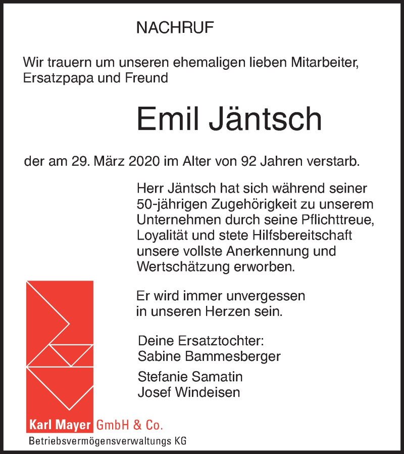  Traueranzeige für Emil Jäntsch vom 02.04.2020 aus SÜDWEST PRESSE Ausgabe Ulm/Neu-Ulm