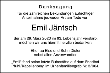 Traueranzeige von Emil Jäntsch von SÜDWEST PRESSE Ausgabe Ulm/Neu-Ulm